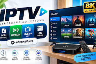 offer m3u playlist, restream, live tv app, 8k server, admin with panel