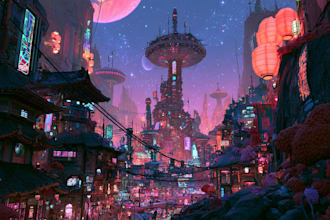 draw a detailed art of sci fi cyberpunk psychedelic artwork