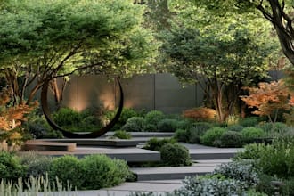 create realistic natural garden designs with stone pathways and water features