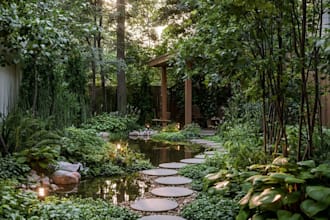 illustrate serene zen garden designs, koi pond environments, and retreat concept