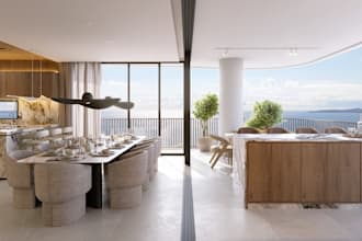 contemporary rooftop penthouse interior, highend master suite,real estate render