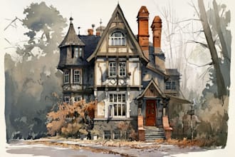 draw house illustration watercolor style