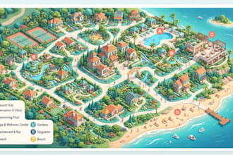 design guest navigation map for airbnb resorts showing pool spa restaurant beach