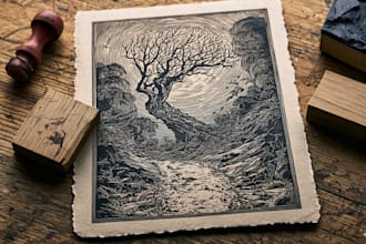 drawn linocut tarot card, dark fantasy oracle card, card
