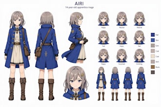 design an anime character turnaround sheet with clean detail