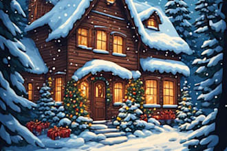create a watercolor christmas house and winter landscape