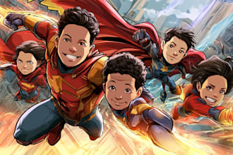 family superhero portraits and comics