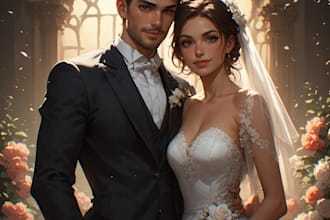 draw couple portrait for wedding illustration