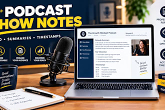 write podcast show notes episode summaries timestamps and podcast transcript