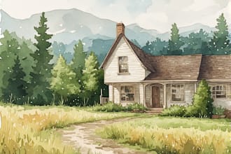 draw watercolor wedding venue, house, landscape