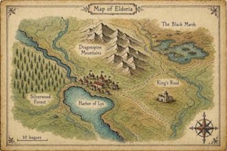 draw fantasy map illustration in vintage storybook style