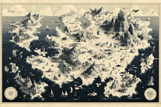 draw fantasy map illustration in vintage storybook style