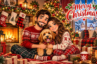 create a christmas caricature, holiday card, winter cartoon