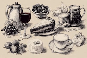 drawing food and drink line art in vintage