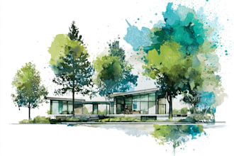 draw watercolor wedding venue, house, landscape
