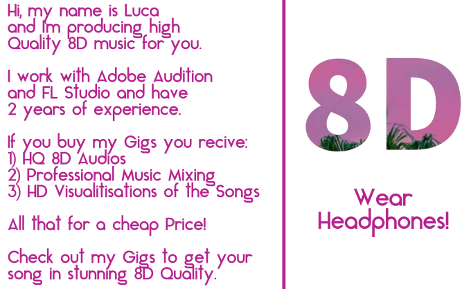 Make A Hq 8d Audio Out Of Your Song Plus Visualisation By Luca 8dmusic Fiverr 8d music volume 2 (2020). fiverr