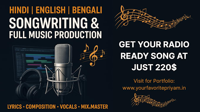 write hindi english bengali songs compose produce music and mix master full song