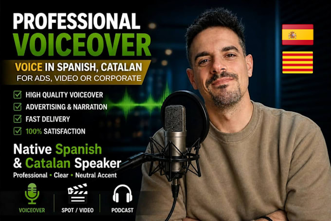 record a professional spanish or catalan voice over for ads, video or coorporate