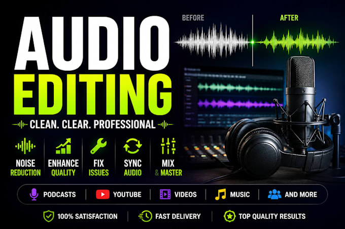 do audio editing, noise reduction, enhance, fix, sync, mix