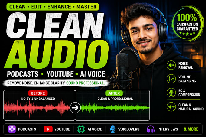 clean, edit and enhance audio for podcasts, youtube and ai voiceovers