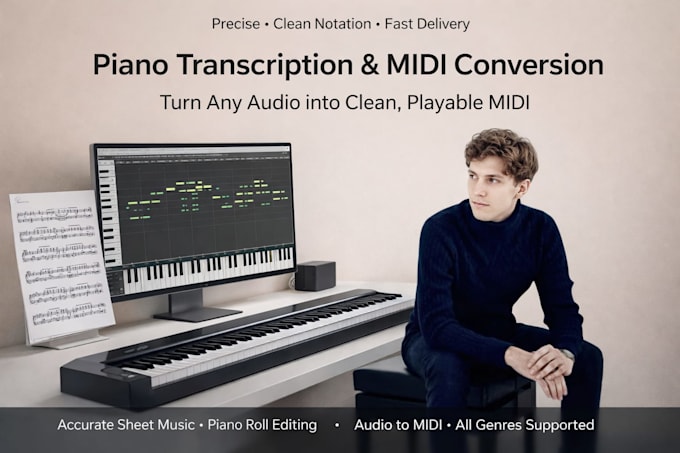 professionally transcribe piano music and create audio to midi