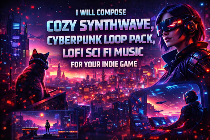 compose cozy synthwave, cyberpunk loop pack, lofi sci fi music for indie game