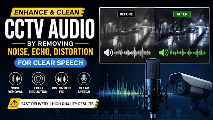 enhance, clean cctv audio by removing noise, echo, distortion for clear speech