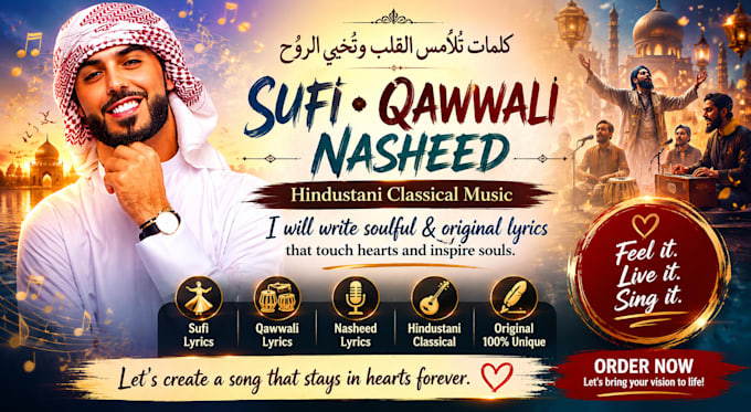 write sufi, qawwali, nasheed and hindustani classical song lyrics