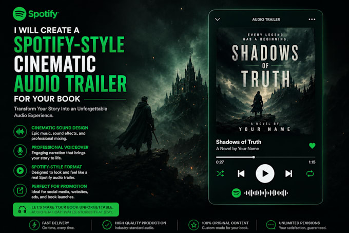 create a cinematic spotify style audio trailer for your book