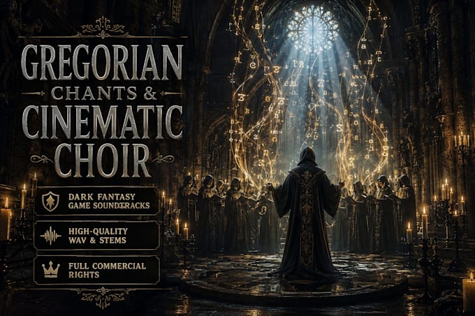 compose cinematic gregorian chants, dark fantasy choir, and sacred meditation