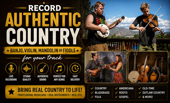 record pro authentic country banjo, violin, mandolin or fiddle for your track