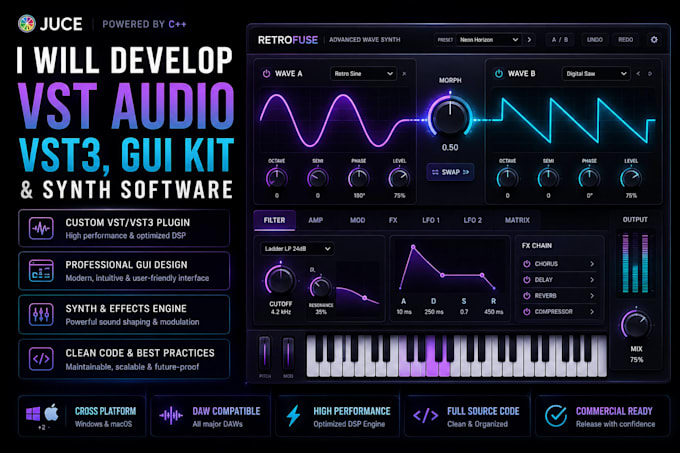 develop vst audio plugin, vst3, gui kit and synth software