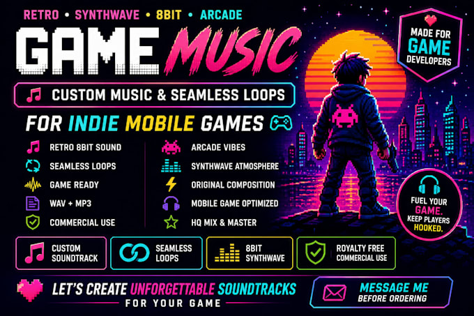 compose retro synthwave 8bit game music, seamless loops for indie mobile games