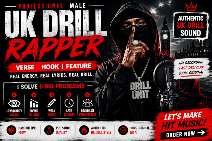 record a professional UK drill rap verse, hook or feature