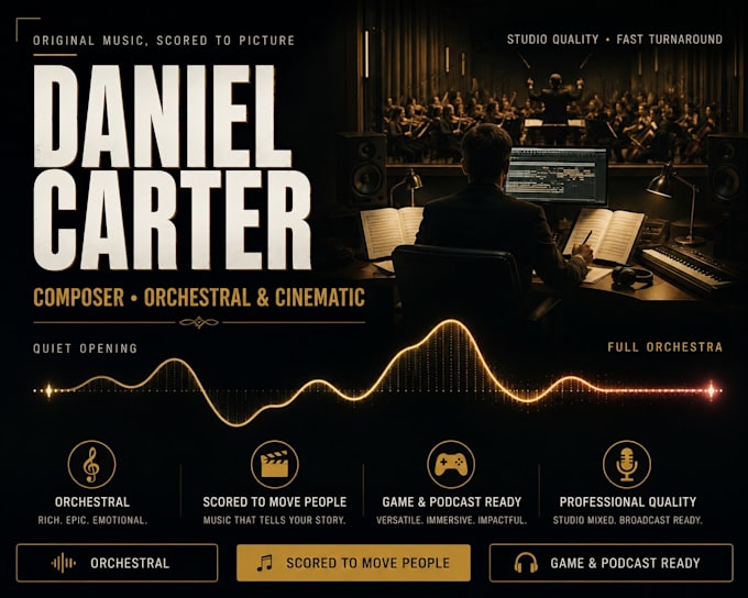 create orchestral background music, cinematic, podcast intro, video game