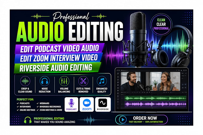 do audio editing, edit podcast video audio, clean zoom interview video riverside