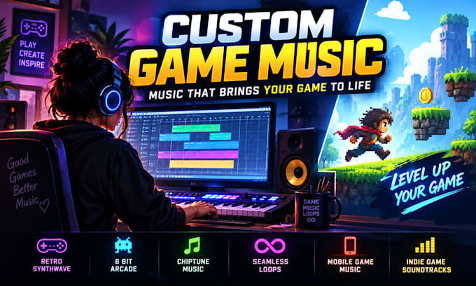 compose custom game music, retro synthwave, 8 bit arcade and seamless loops