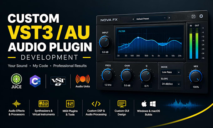 develop vst3 au audio plugin with juce, dsp and gui, audio dsp, audio software