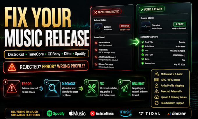 fix distrokid, tunecore, cdbaby, ditto, spotify and music distribution issues