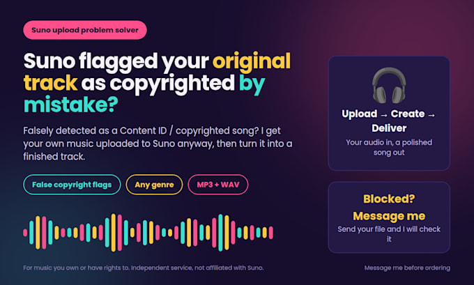 fix suno copyright errors and upload your original song to suno