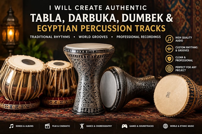 create authentic tabla, darbuka, dumbek, and egyptian percussion tracks