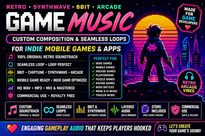 compose retro synthwave 8bit game music, seamless loops for indie mobile games