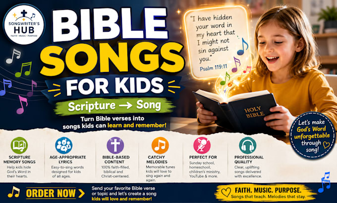 write catchy bible song for kids, scripture memory and christian learning
