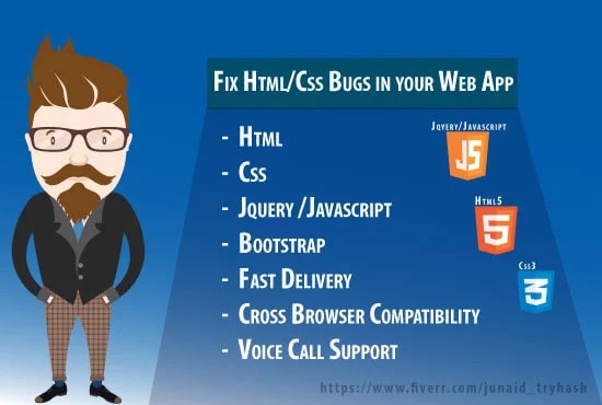 Gig Preview - Fix any bug in html, css, javascript, jquery, bootstrap