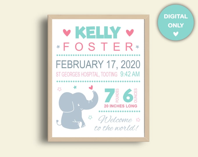 Gig Preview - Do a birth stat printable file birth announcement poster