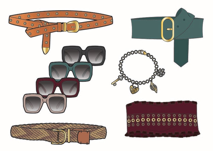 Gig Preview - Create an illustration, flat design for a belt, sunglasses, shoes, jewellery