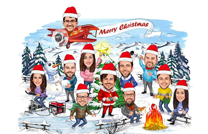 Gig Preview - Make holiday christmas caricature, group christmas cartoon