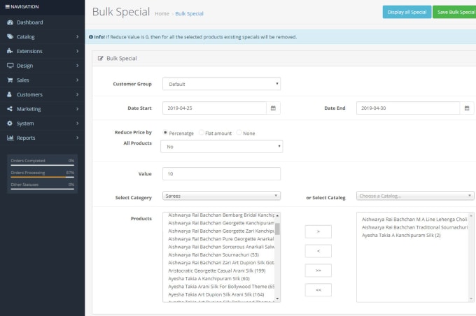 Bestseller - customize or develop  bulk special price module in opencart