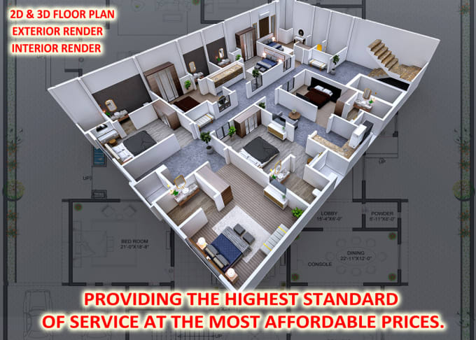 Gig Preview - Convert 2d floor plan into 3d floor plan or plans rendering