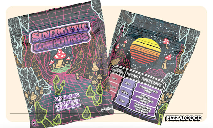 Gig Preview - Create mylar bag design for weed packaging, trippy and cartoony illustrations